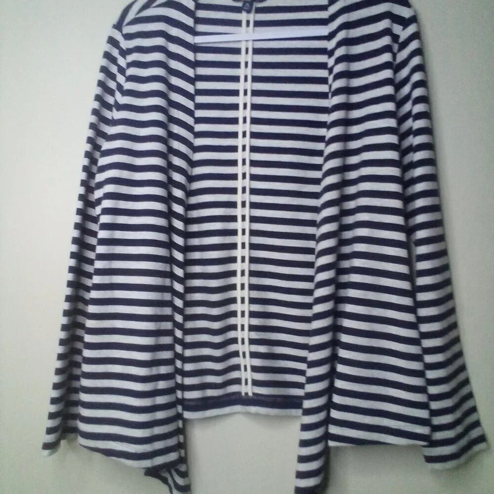Lands' End Open Cardigan Women M 10-12 Long Sleeve Stripe Blue White